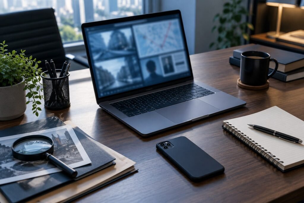 Notebook, celular e caderno em mesa de análise de informações; imagem ilustrativa de investigação particular